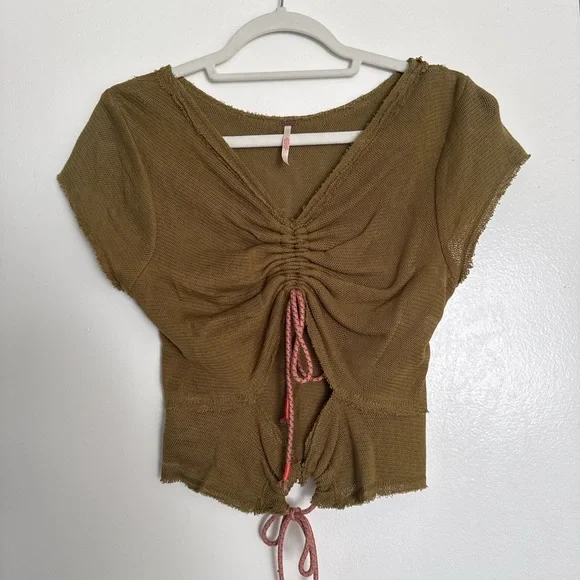 Free People Olive Ruched Tie-Front Crop Top with Pink Drawstrings - Picture 2 of 3
